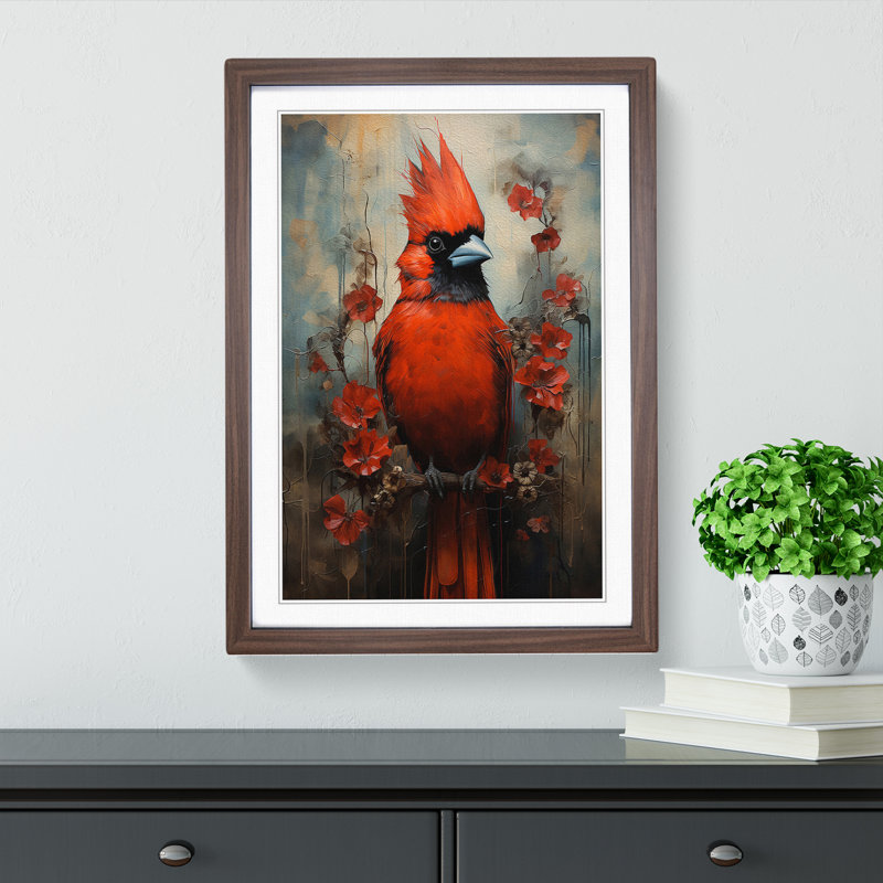 Cardinal Bird Expressionism - Single Picture Frame Print on Wood, 46cm H x 34cm W x 2cm D, Walnut Framed