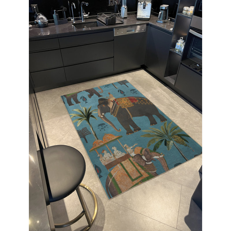 Tapis décoratif moderne à motif d'éléphant à motif turquoise, Rectangle 3 pi 10 po x 4 pi 11 po