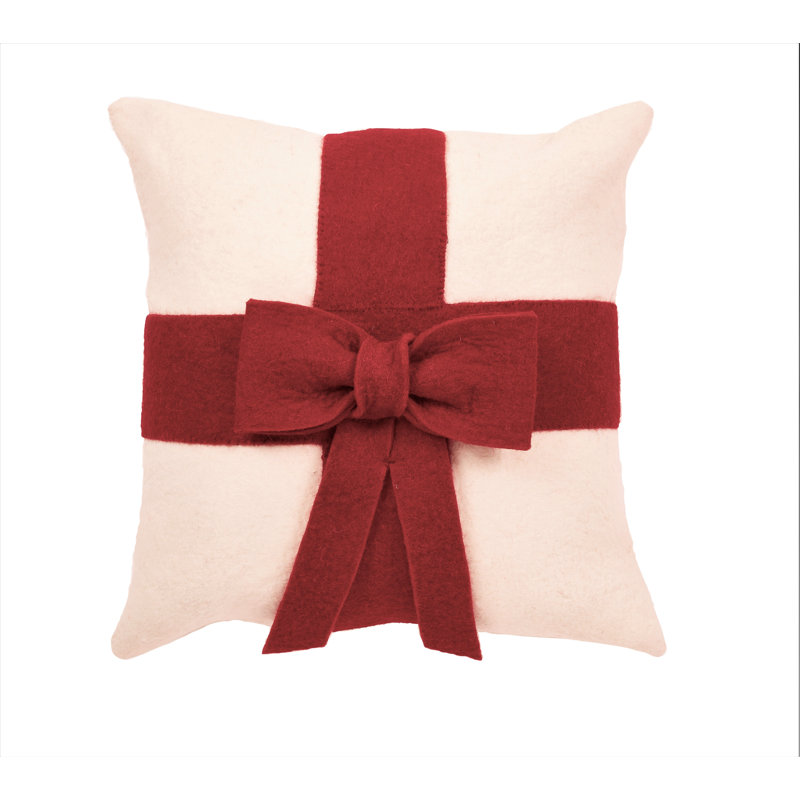 Christmas Pillow Cover in Hand Felted Wool - 20", Pillow (includes insert), 14" x 14", Cream/Red bow
