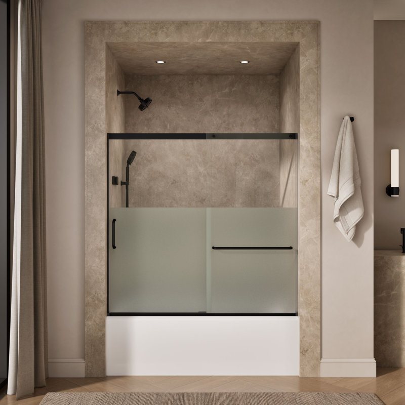 Elate Sliding Bath Door, 56-3/4-In H X 56-1/4 - 59-5/8-In W With Heavy 5/16-In Thick Crystal Clear Glass With Privacy Band