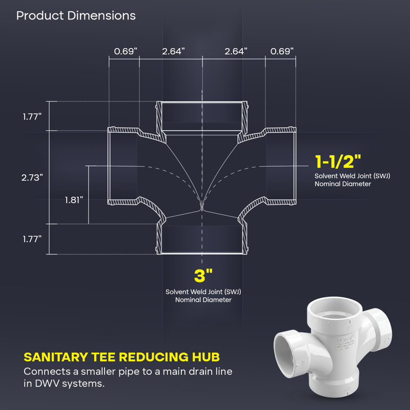 3 po x 3 po x 1-1 / 2 po x 1-1 / 2 po en PVC blanc avec double drain en PVC et moyeu réducteur en PVC, raccord d'évacuation et d'évacuation, (paquet de 20)