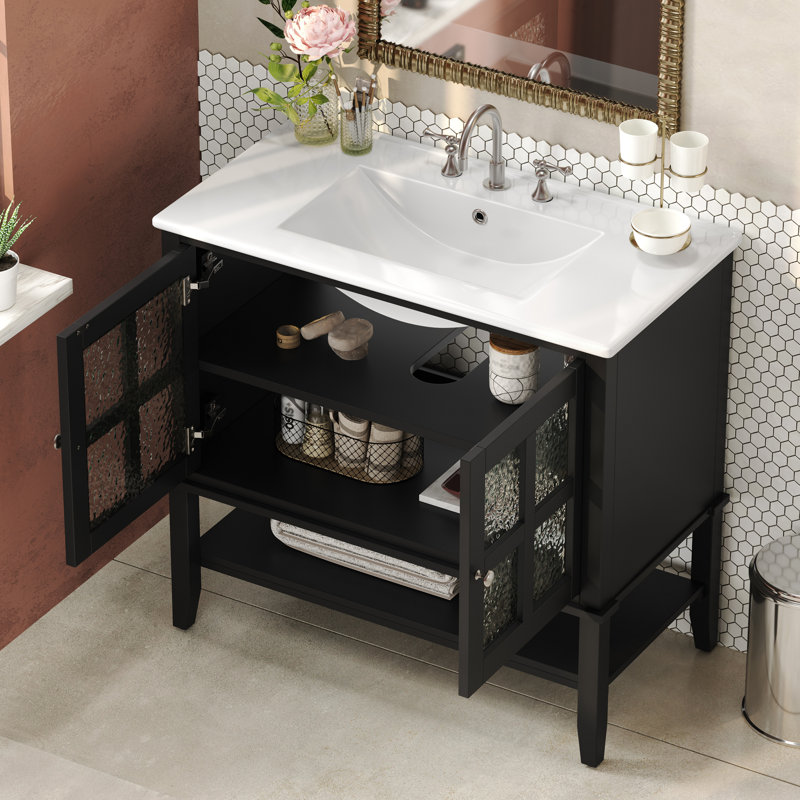 Meuble-lavabo 36 po avec lavabo en céramique, Noir