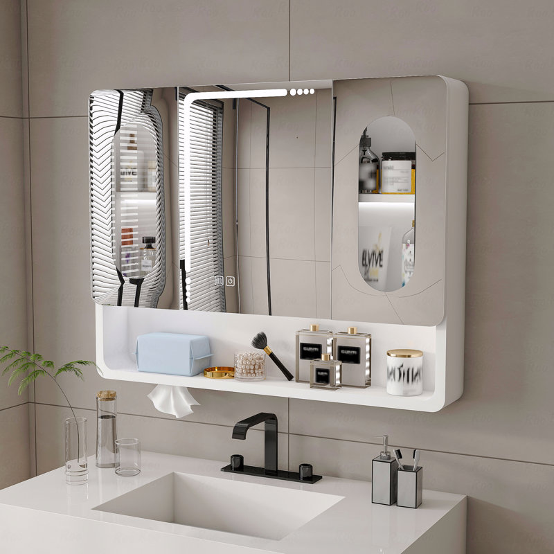 Wall Mounted Bathroom Mirror Cabinet with LED Lights, Anti-Fog, Touch Control, 3 Color Lighting & Transparent Glass Storage