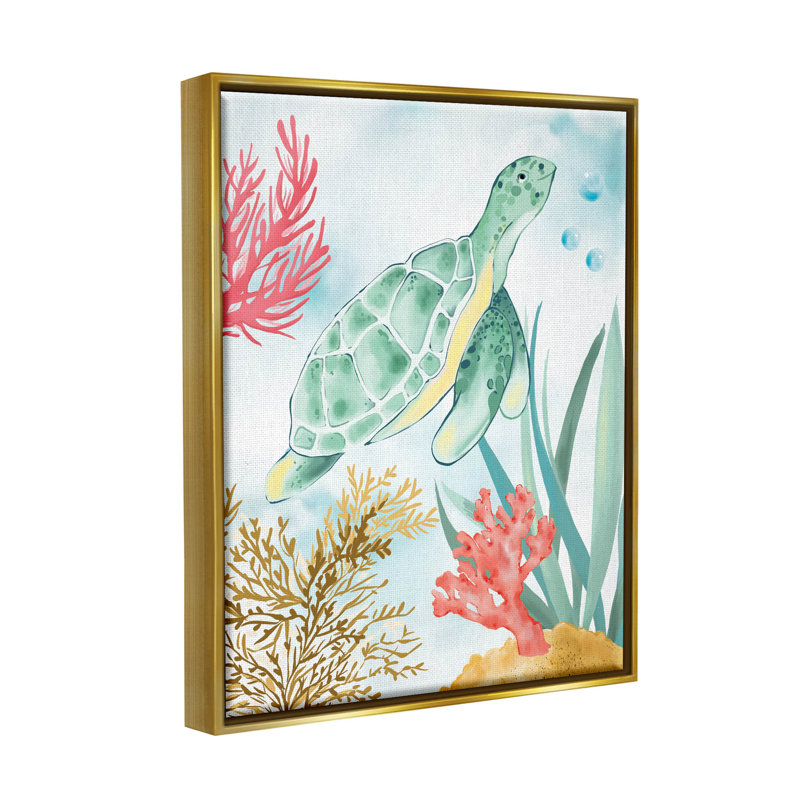 Tortue, récif de corail, estampe numérique de House of Rose, H 31 po x l 25 po x P 1,7 po, Cadre flottant doré