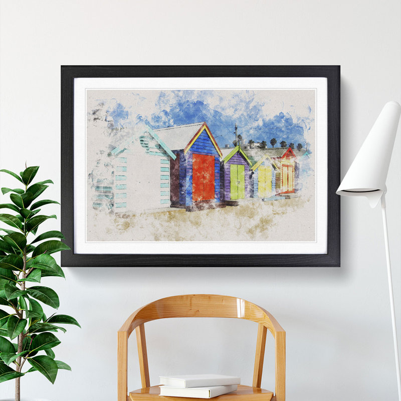 Colourful Beach Huts - Picture Frame Painting, 65cm H x 90cm W x 2cm D, Black