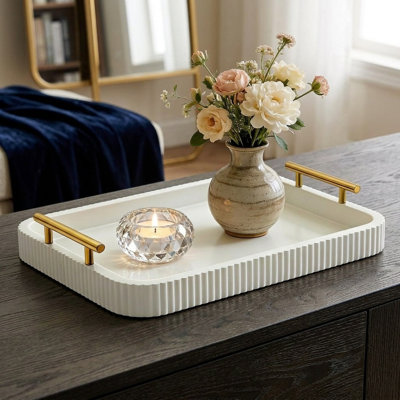 Rectangle Modern Wood Serving Tray with High Gloss White Finish and Metal Handles for Coffee Table Ottoman