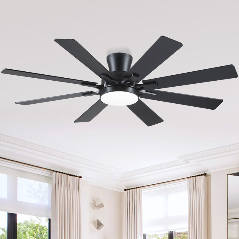 52" 8-blades Flush Mount Indoor Ceiling Fan With Light And Remote/app Control, Black