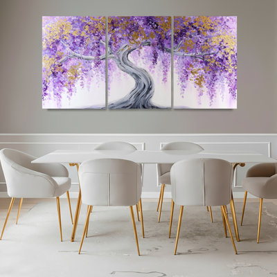 Ensemble de 3 tableaux sur toile représentant un arbre de glycine violette, pour la décoration du salon, de la chambre et de la maison.