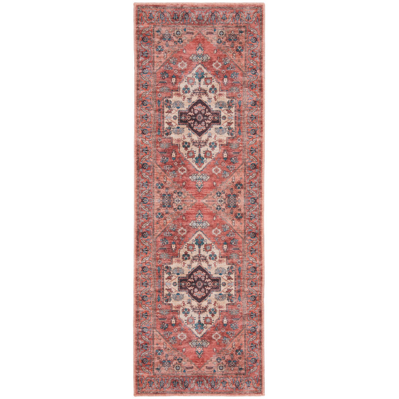 Oriental Machine Woven Machine Washable Polyester Area Rug in Red/Black, Runner 2' x 6'