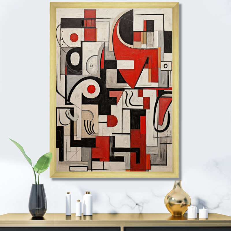 Urban Passion Abstract Red Black White - Modern Geometric Canvas Print, 32" H x 24" W x 1" D, Gold Single Picture Framed