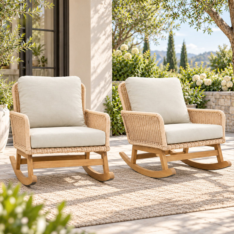 Fauteuils à bascule de patio en osier avec coussins et structure en bois massif