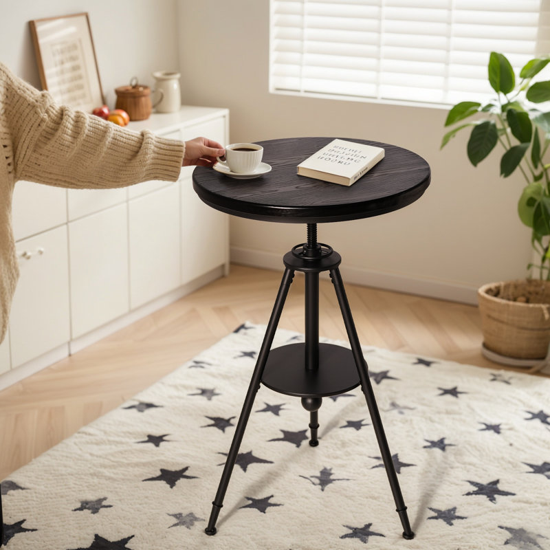 Dia 23.62" Round Pub Table Height Adjustable With 360 Swivel Metal Tabletop For Dining Bistro Cafe Home Bar, Rustic Black