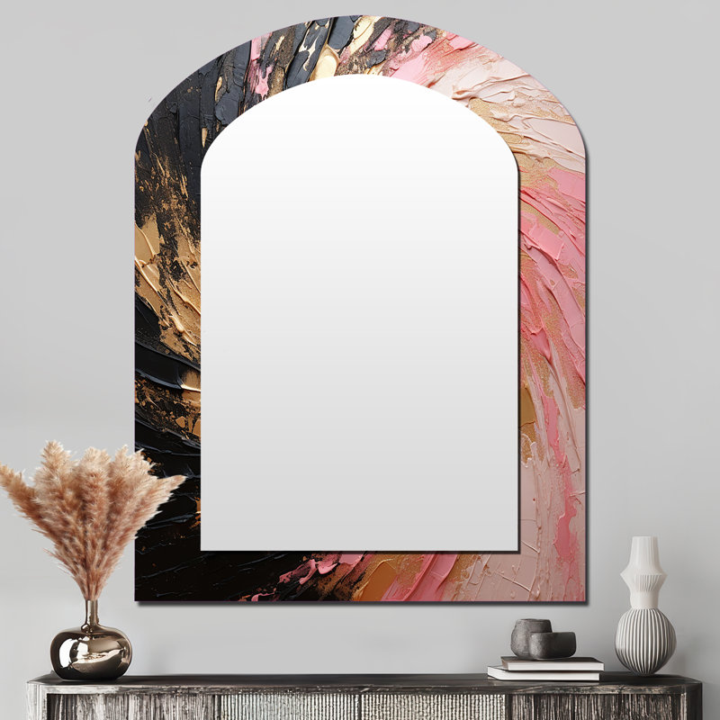 Minimalisme vortex rose poteries - miroir asymétrique spirales abstraites, miroir mural décoratif arqué doré, impression d'art en métal