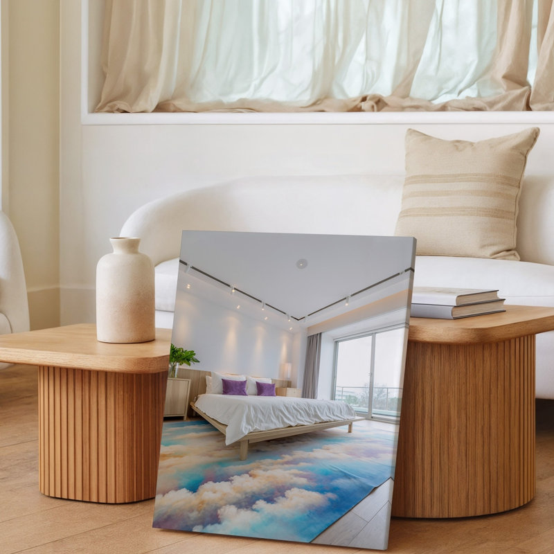 Toile, une chambre à coucher moderne avec un lit élégant en bois à profil bas orné de draps blancs et de coussins mauves