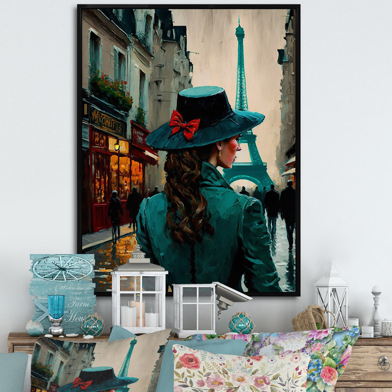 «Young Stylish Lady in Paris», reproduction sur toile, H 32 po x l 16 po x P 1 po, Cadre flottant noir