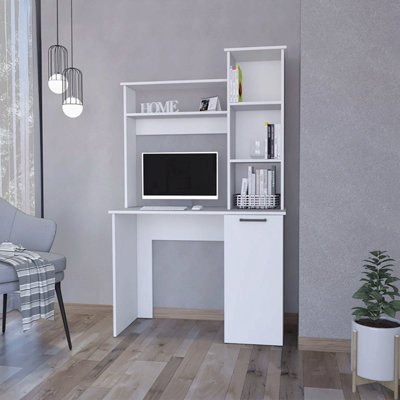 Bureau d'ordinateur blanc avec tablettes de rangement à 3 niveaux