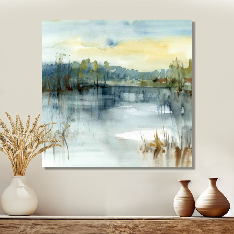 " Summer Lake Landscape Illustration ", 30" H x 30" W, Wrapped Canvas, No Frame