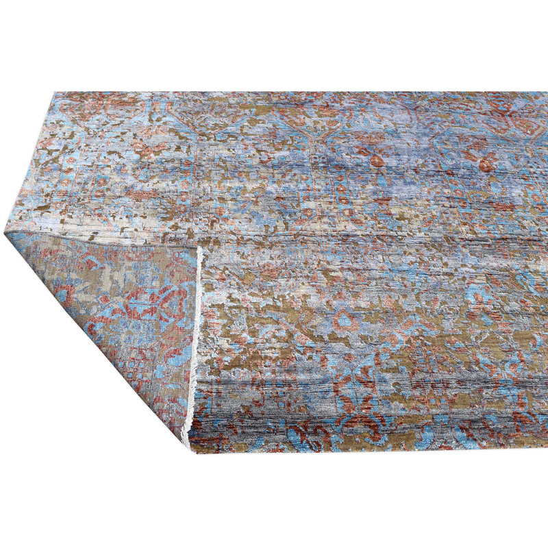 Tapis rectangulaire en laine / viscose noué à la main bleu / brun / rouge, Rectangle 8 pi x 10 pi
