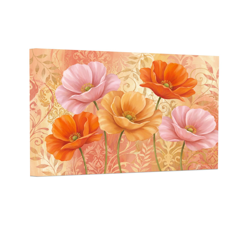 Plantes et fleurs à motif floral de coquelicot avec des tons chauds, H 12 po x l 18 po