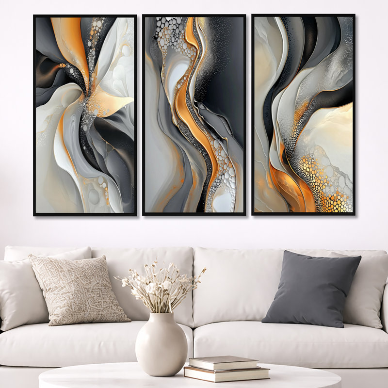 Impression sur toile abstraite fractale dorée et grise, Cadre flottant noir, H 32 po x l 48 po