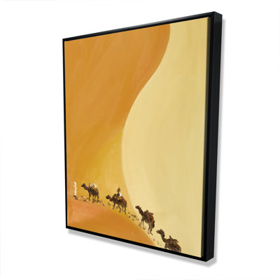 Sahara Desert with Camels - Yellow Wildlife Framed Canvas Art