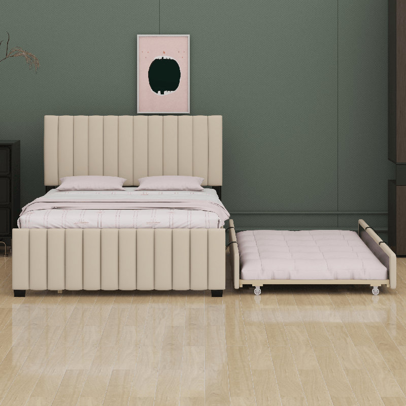 Lit plateforme tapissier en velours, Beige
