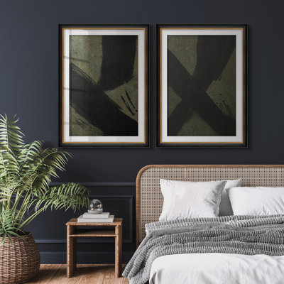 Ensemble de 2 décorations murales abstraites modernes Moody Black Cross pour bureau ou chambre à coucher encadrées 26 po x 36 po