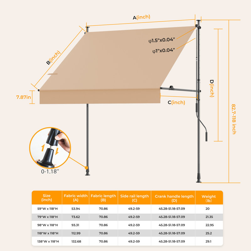 HOMEDEMO Manual Foldable Retractable Awning, 98"W x 118"H Foldable Side Bar 30°-180°, NO Drilling Awings for Backyard Garden Porch Outside Camel