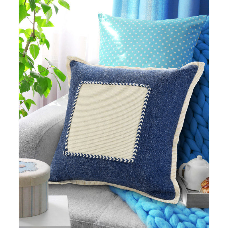  Square Cotton Pillow Cover & Insert, Navy/Cream