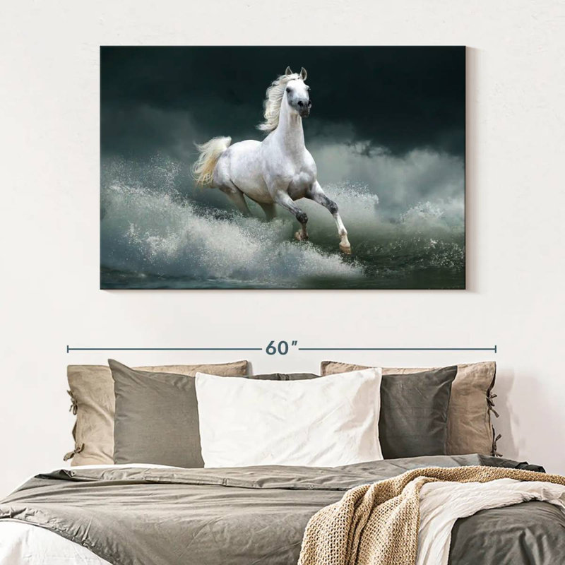 Brampt cheval qui court sauvage sur l'eau, H 34 po x l 51 po