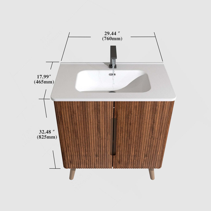 Meuble-lavabo 30 po à rayures avec lavabo pour salle de bain moderne, Noyer
