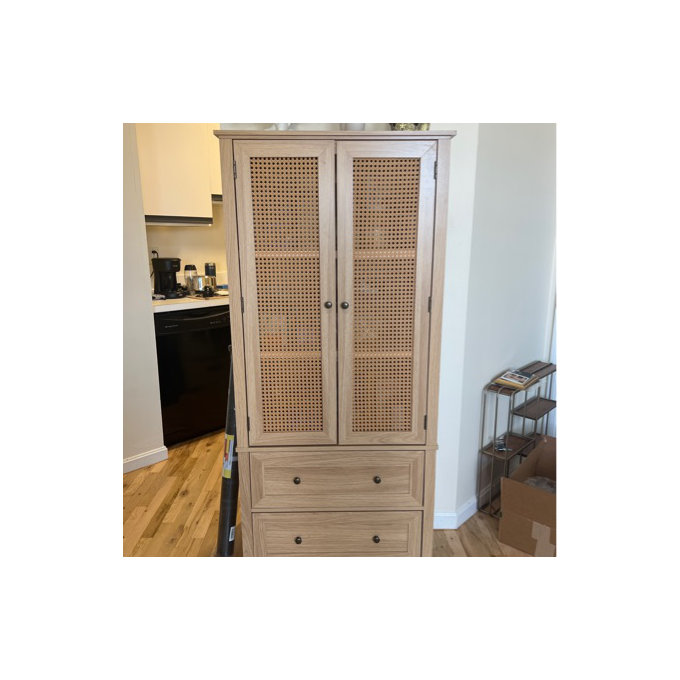 Wooden Accent Cabinets with Cabinet and 2 Drawers, Tall Rectangle Locker With Faux Rattan And Faux Solid Wood Surface, Mid-Century Modern White or Farmhouse Natural Brown - Brown