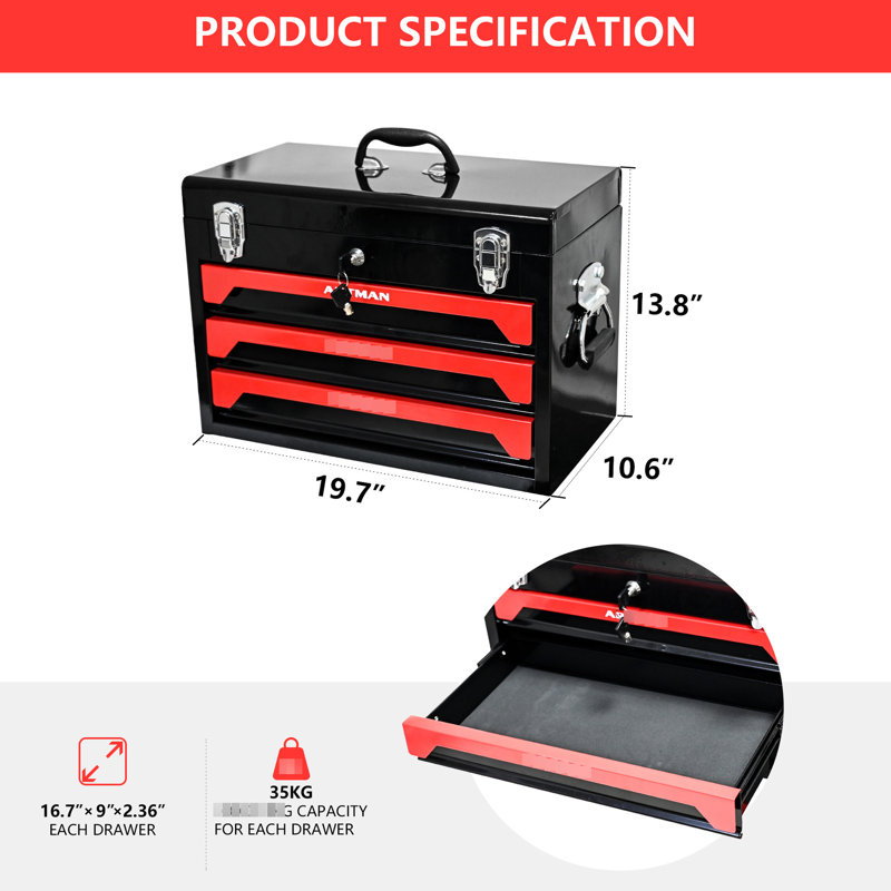 Boîte à outils 20 po en métal avec 3 tiroirs, noir et rouge, glissière à roulement, loquet, unité de rangement compacte en acier portable, option pratique