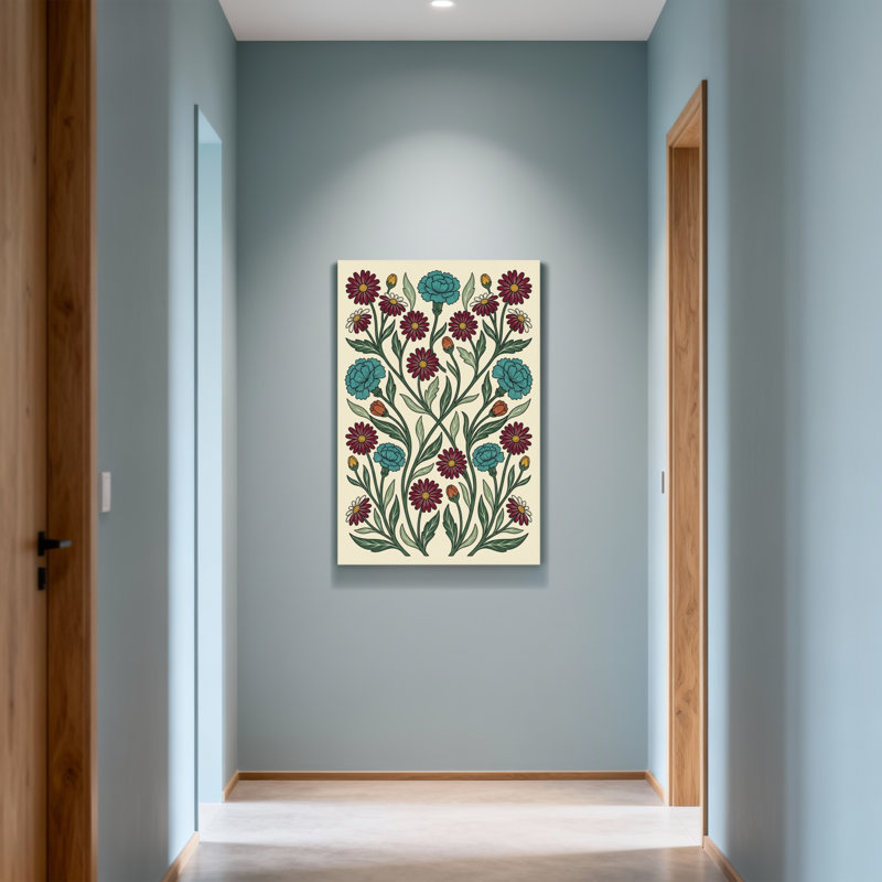 Motif floral de plantes et de fleurs avec des fleurs rouges et bleues, H 18 po x l 12 po