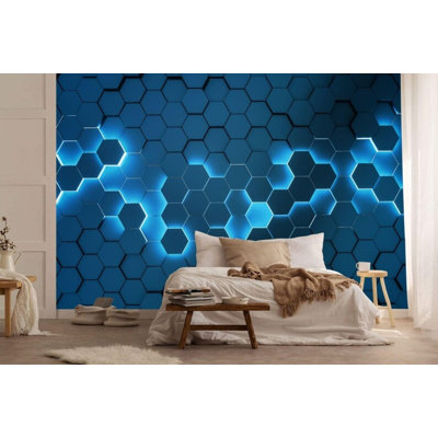 Blue Glowing 3D Hexagon Honeycomb Wallpaper for Home Decor