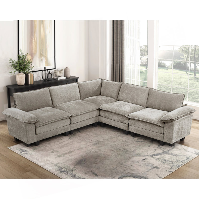 Ensemble de canapé modulaire 5 pièces Modern Contemporary, H 35 po x l 110,5 po x P 110,5 po, Brun gris / chenille étain