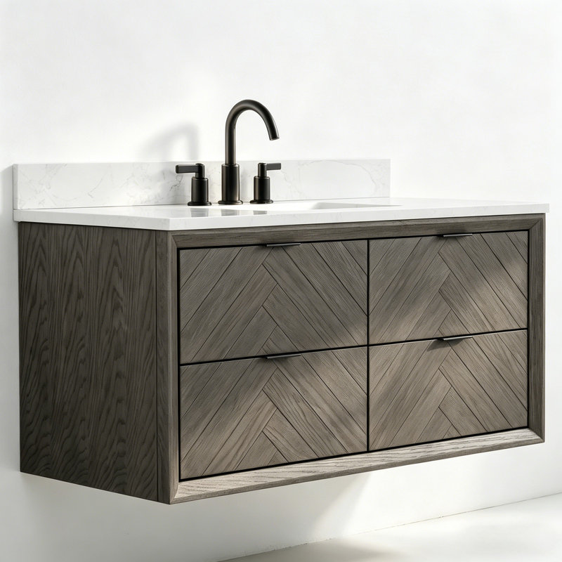 Meuble-lavabo transitionnel 48 po avec comptoir en bois massif et chêne gris, Chêne gris