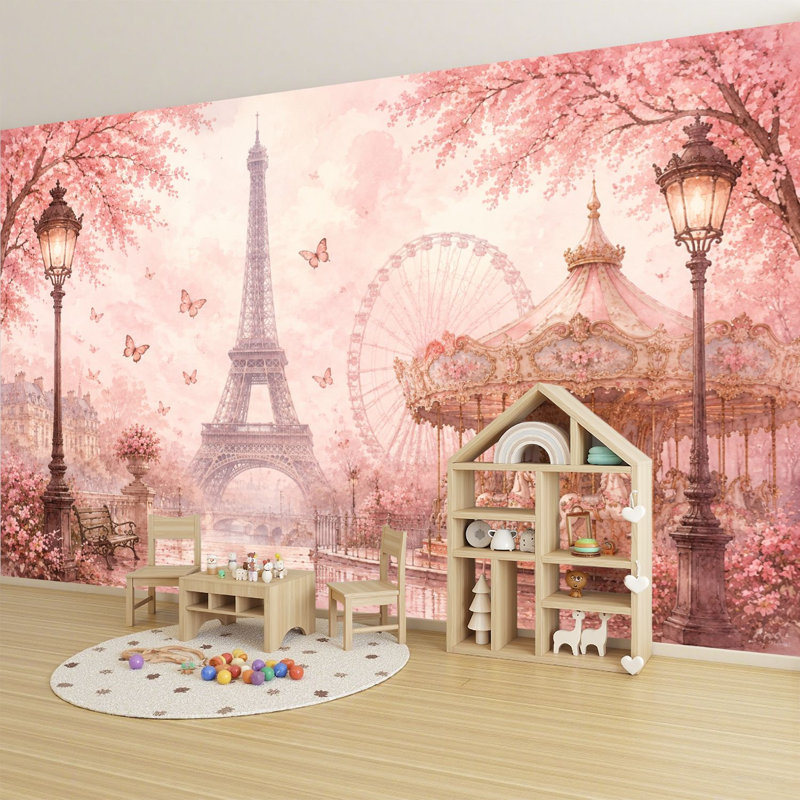 Papier peint adhésif peler et coller romantique rose scène de Paris Tour Eiffel carrousel mural H 100 po x l 144 po amovible papier adhésif mural en PVC pour le salon de la chambre bureau à domicile