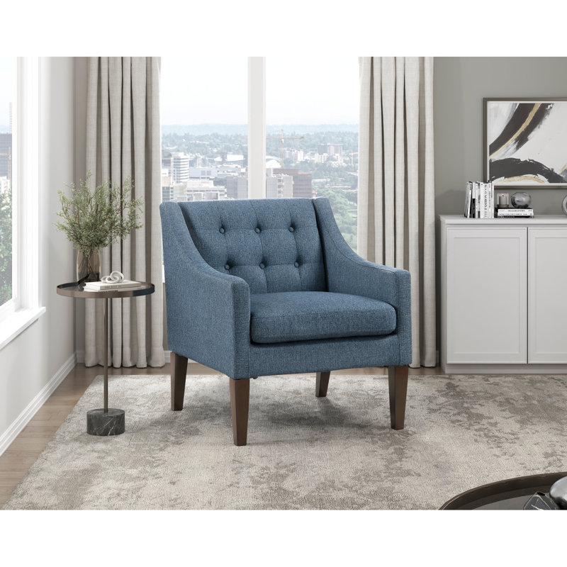 Fauteuil d'appoint contemporain bleu pour la maison, structure en contreplaqué, boutonnière, coussins de siège en mousse haute, housse à fermeture à glissière amovible, pieds en bois d'hévéa brun, capacité de charge maximale de 300 lb, tissu