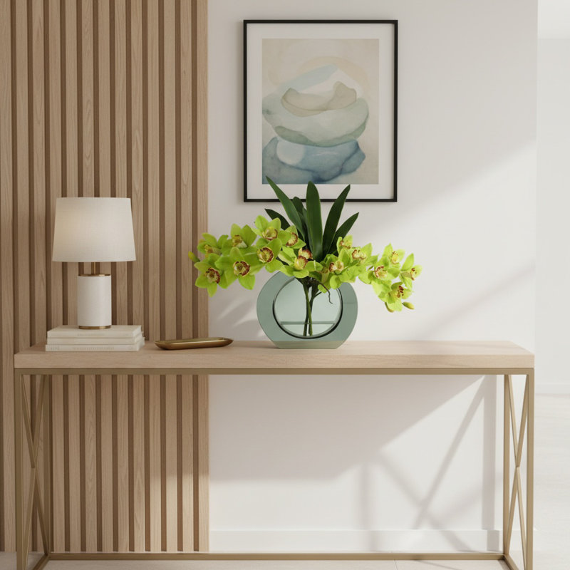 Modern Orchid Arrangement in Mirrored Glass Vase, Green