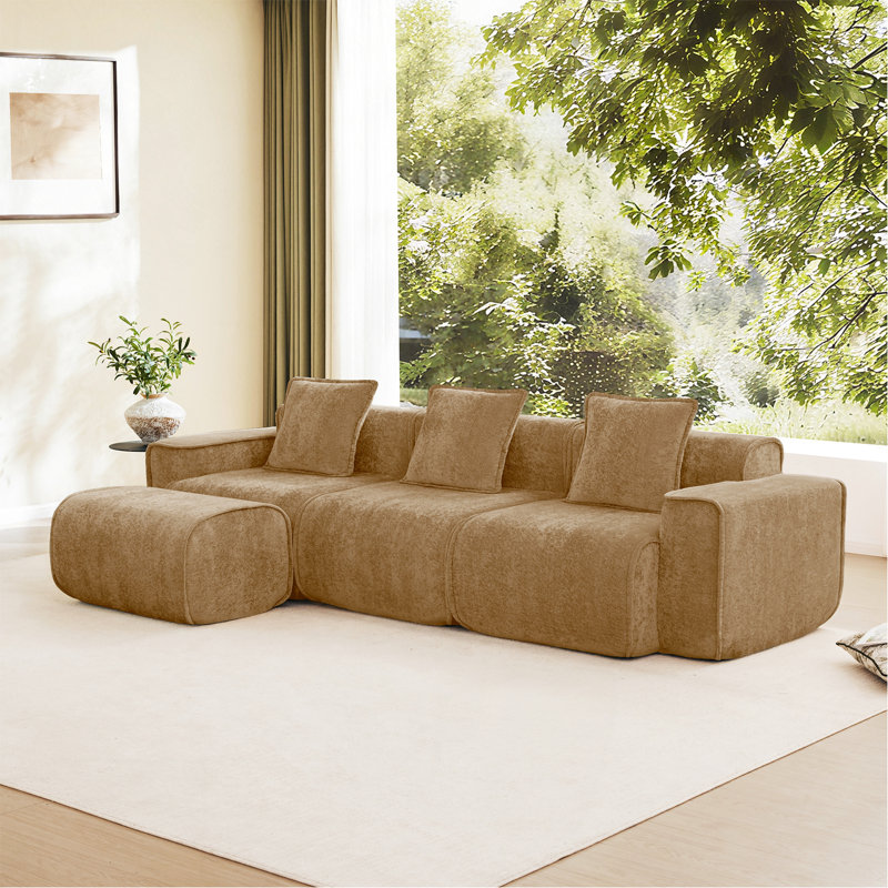 Canapé modulaire en L à 3 places avec passepoil à bordure française, sans assemblage requis, canapé 3 places avec coussins décoratifs et 1 repose-pieds mobile, tissu de velours brun