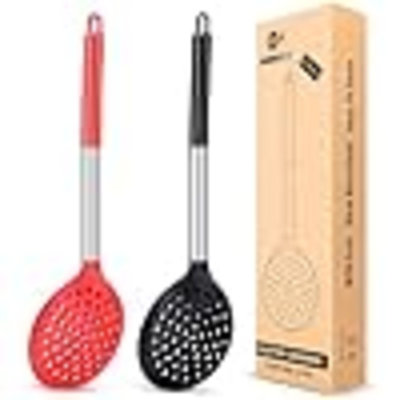 Kitchen Ladle Strainer Set Of 2 Large Slotted Spoon With High Heat Resistant BPA Free Non Stick Cooking Skimmers For Draining And Frying