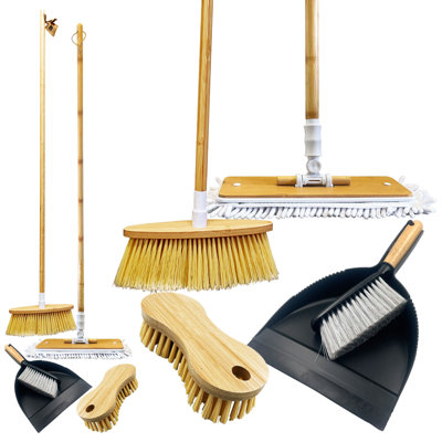 Bamboo Cleaning Set with Flat Mop Broom Dustpan Brush & Scrubbing Brush Complete Floor Cleaning Kit