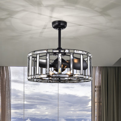 25 Inch Elegant And Glam Style Matte Black Finish Crystal Lighted Ceiling Fandelier With Remote