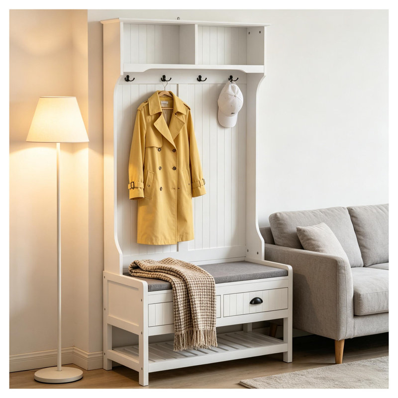 Portemanteau d'entrée avec banc, rangement pour chaussures et tiroirs, porte-manteau en panneau de fibres à densité moyenne blanc