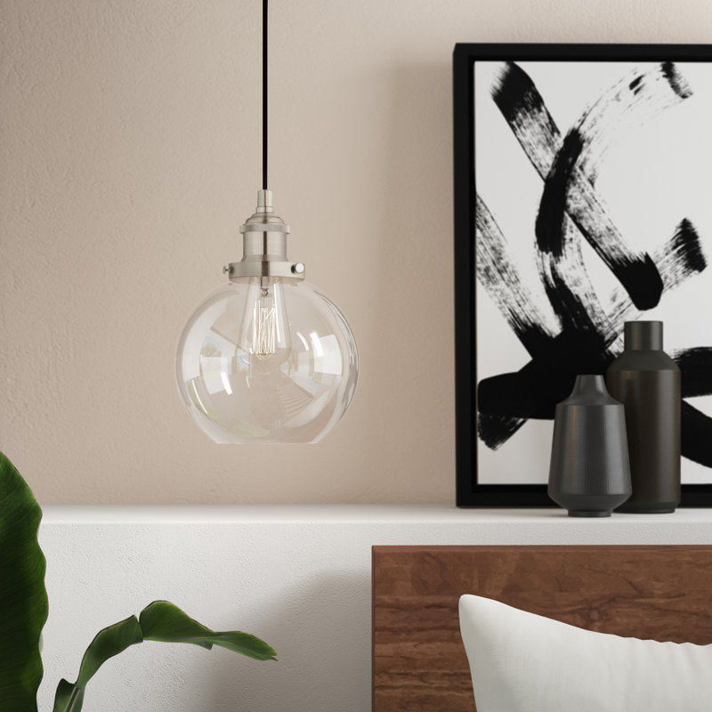 Luminaire suspendu sphérique à 1 lumière Dedriana, Nickel brossé, Transparent, Non