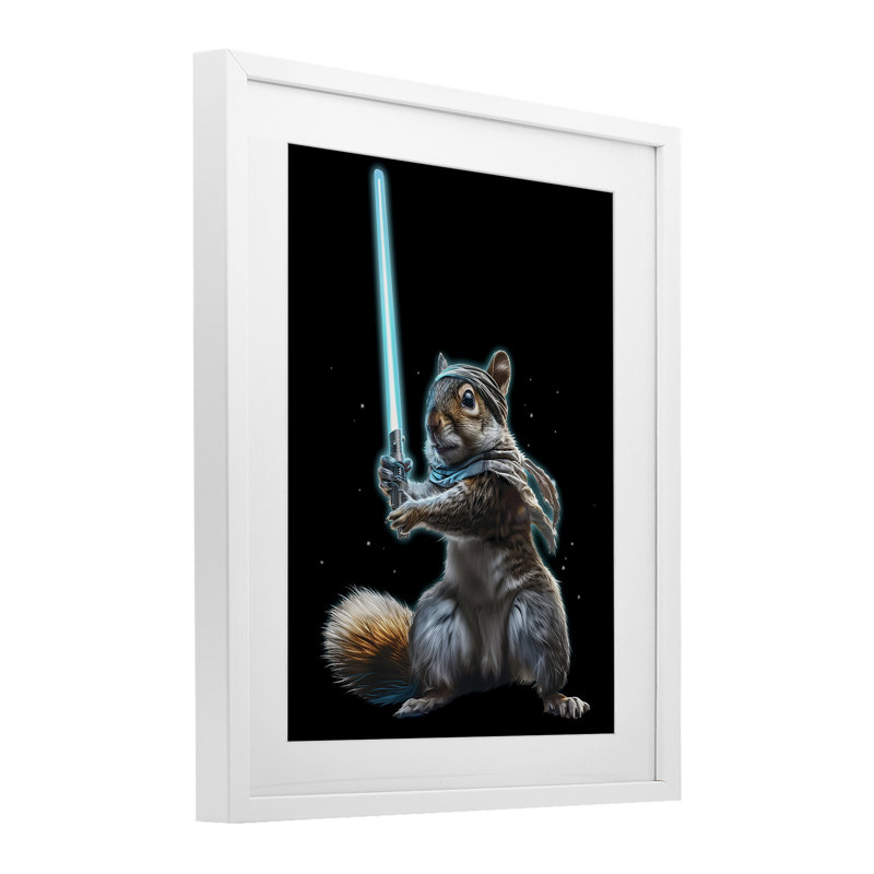 «Feel The Force Squirrel», impression sous verre encadrée, conception par Jim Baldwin, H 16 po x l 13 po, Cadre blanc côtier