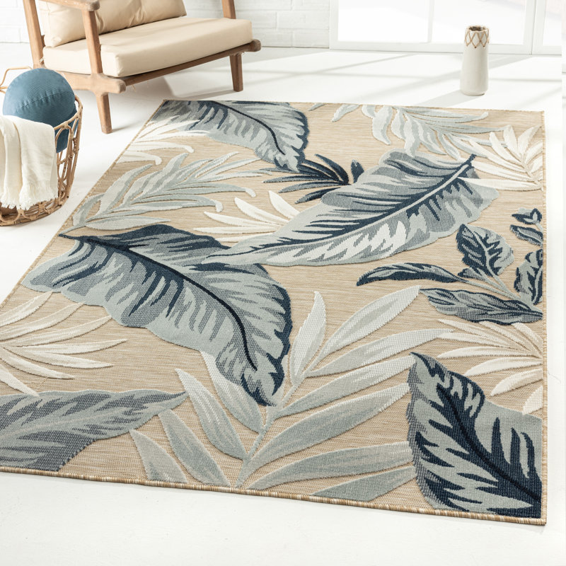 Botanical Hi-Low Contemporary Blue Taupe Power Loomed Indoor/Outdoor Area Rug, Rectangle 7'9" x 9'9"