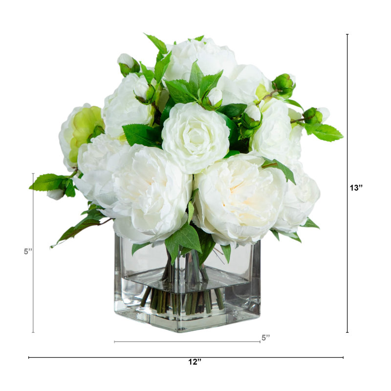 Collection de mariage 13 po Arrangement artificiel pivoine et camélia dans un vase en verre