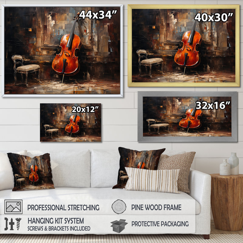 Violoncelle charisma profond bourgogne III sur toile, Cadre doré simple, H 30 po x l 40 po x P 1,5 po